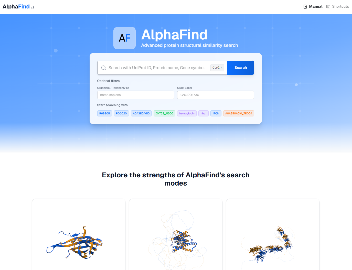 AlphaFind main page with search bar