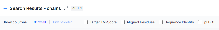 Results table showing "Show all" columns option